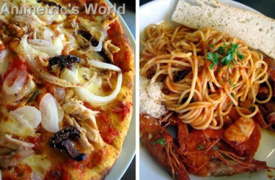 La Galina Pizza and Spaghetti Red Vongole E Gambretti at Amici