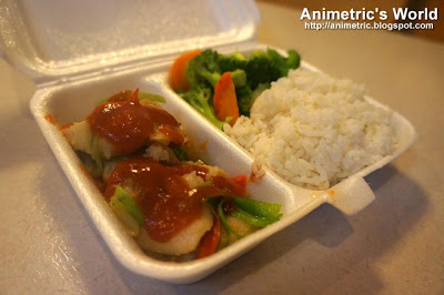 Steamed Fish Fillet with Tomato Sauce, Steamed Broccoli, and Rice